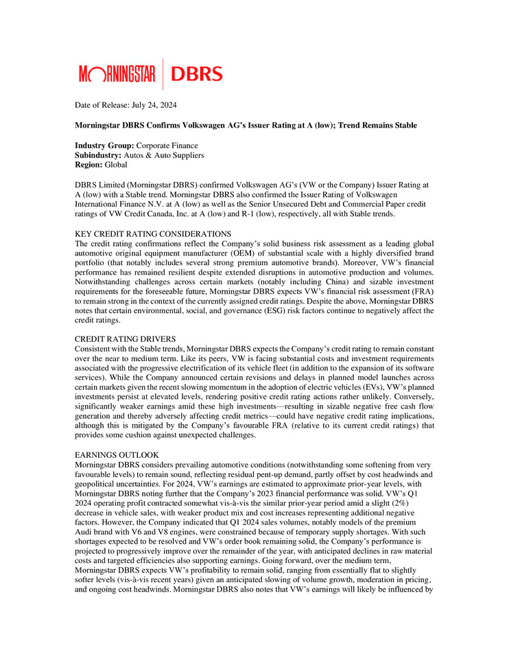 DBRS Morningstar Volkswagen AG Press Release 07/24/2024