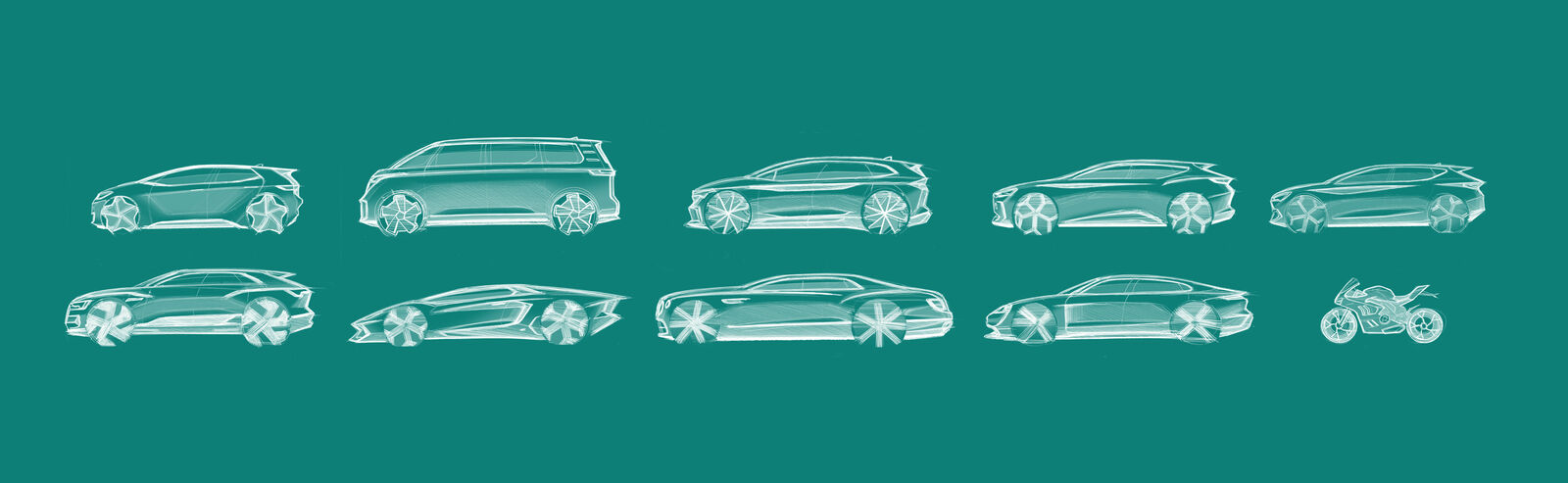 Series of sketch-like, white car designs on a turquoise background, depicting various vehicle types from sedans to sports cars.