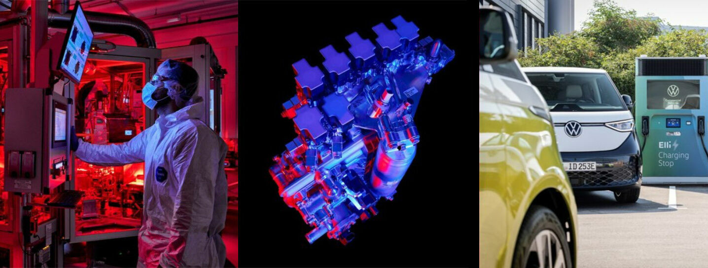 Three-part image composition: On the left, a person in protective gear working at a screen in a red-lit high-tech manufacturing facility. In the center, a futuristic blue-red illuminated digital rendering of a technical component. On the right, a Volkswagen electric vehicle charging station with multiple ID. cars, set in a green environment.