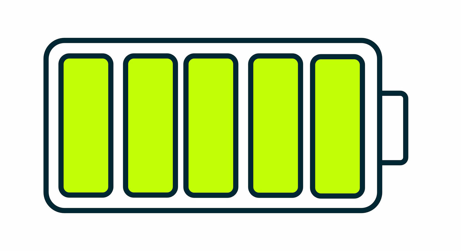 Icon of a fully charged battery. The battery is rectangular with five green bars indicating the charge level. The outline is black, and there is a small connector on the right side, identifying it as a battery.