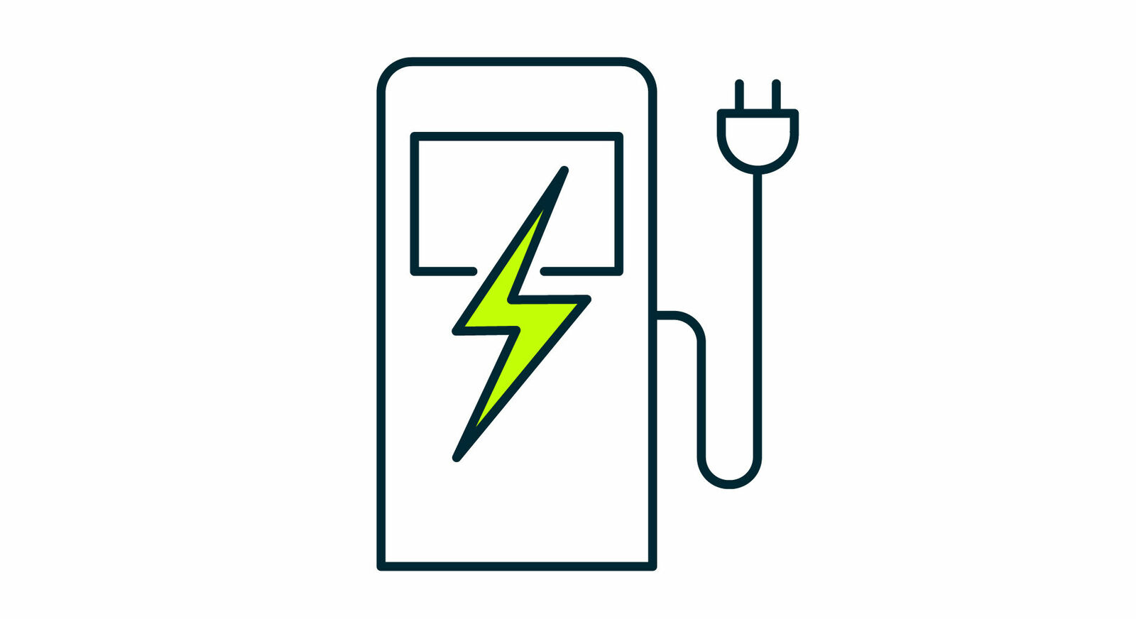 A minimalist icon of an electric vehicle charging station. The illustration features a charging station with a green lightning bolt symbol in the center and a charging cable with a plug on the side.