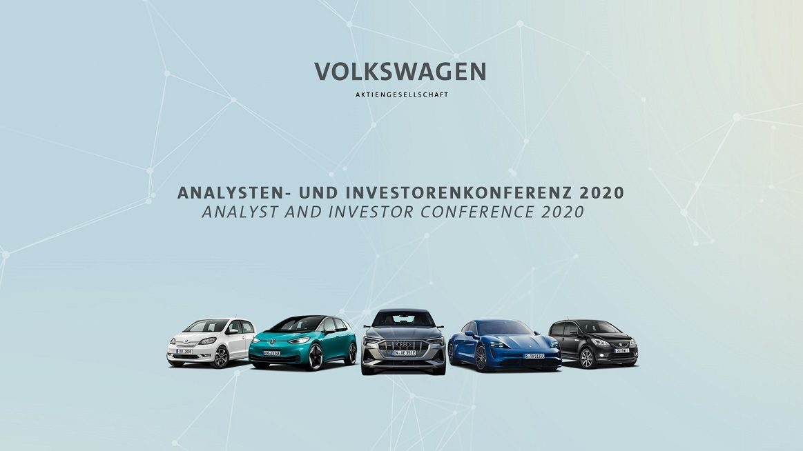 Five Volkswagen vehicles lined up against a light background with the title “Analyst and Investor Conference 2020.”