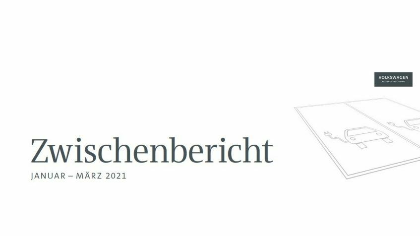 Deckblatt des Volkswagen Zwischenberichts für Januar bis März 2021 mit schlichter Gestaltung und skizzierten Elektroauto-Symbolen.