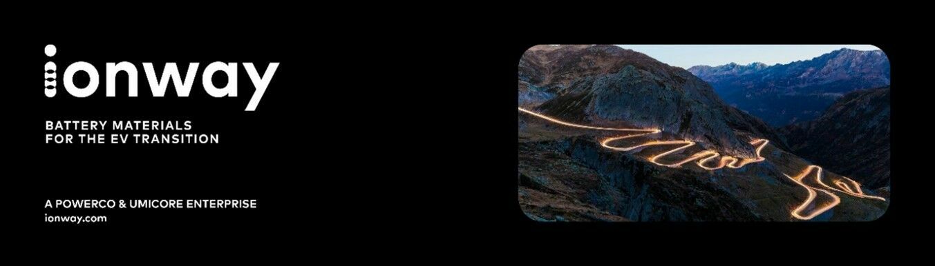Promotional graphic for Ionway, a battery materials company. On the left, the logo and slogan "Battery Materials for the EV Transition," on the right, a photo of a winding mountain road with glowing light trails.