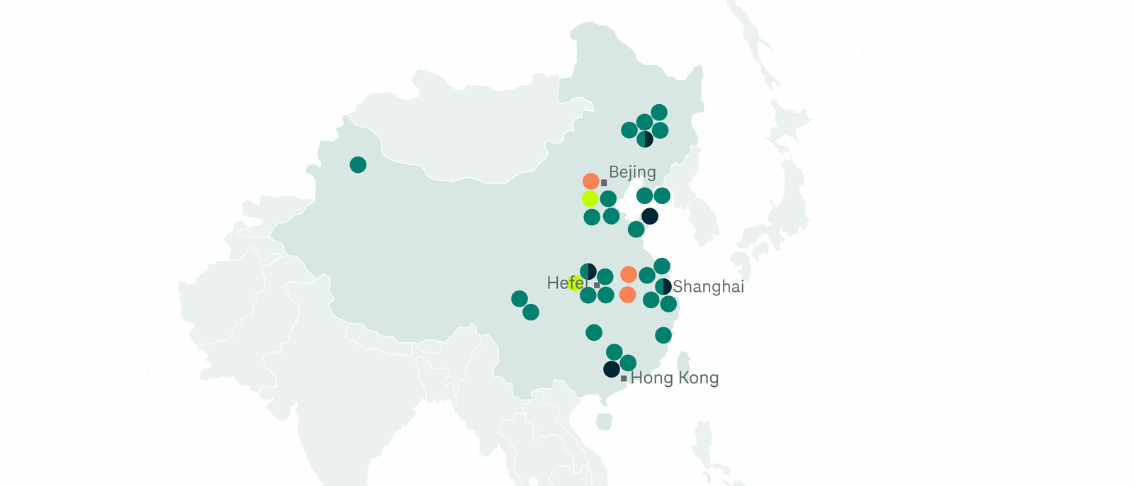 Map of China highlighting various cities such as Beijing, Shanghai, and Hong Kong, marked by green and orange dots.