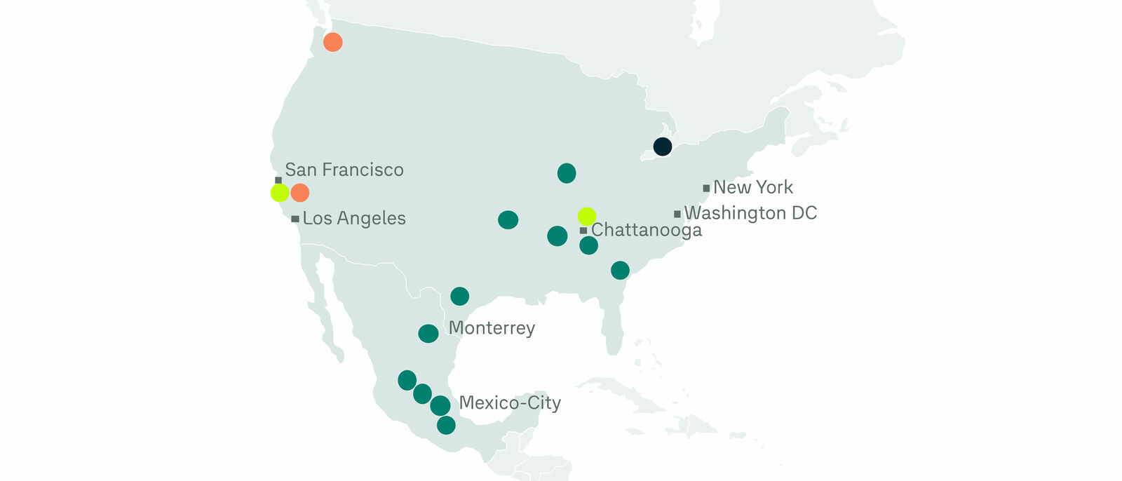 Map of North America and parts of Central America showing marked cities such as San Francisco, Los Angeles, New York, and Mexico City, represented by green and orange dots.