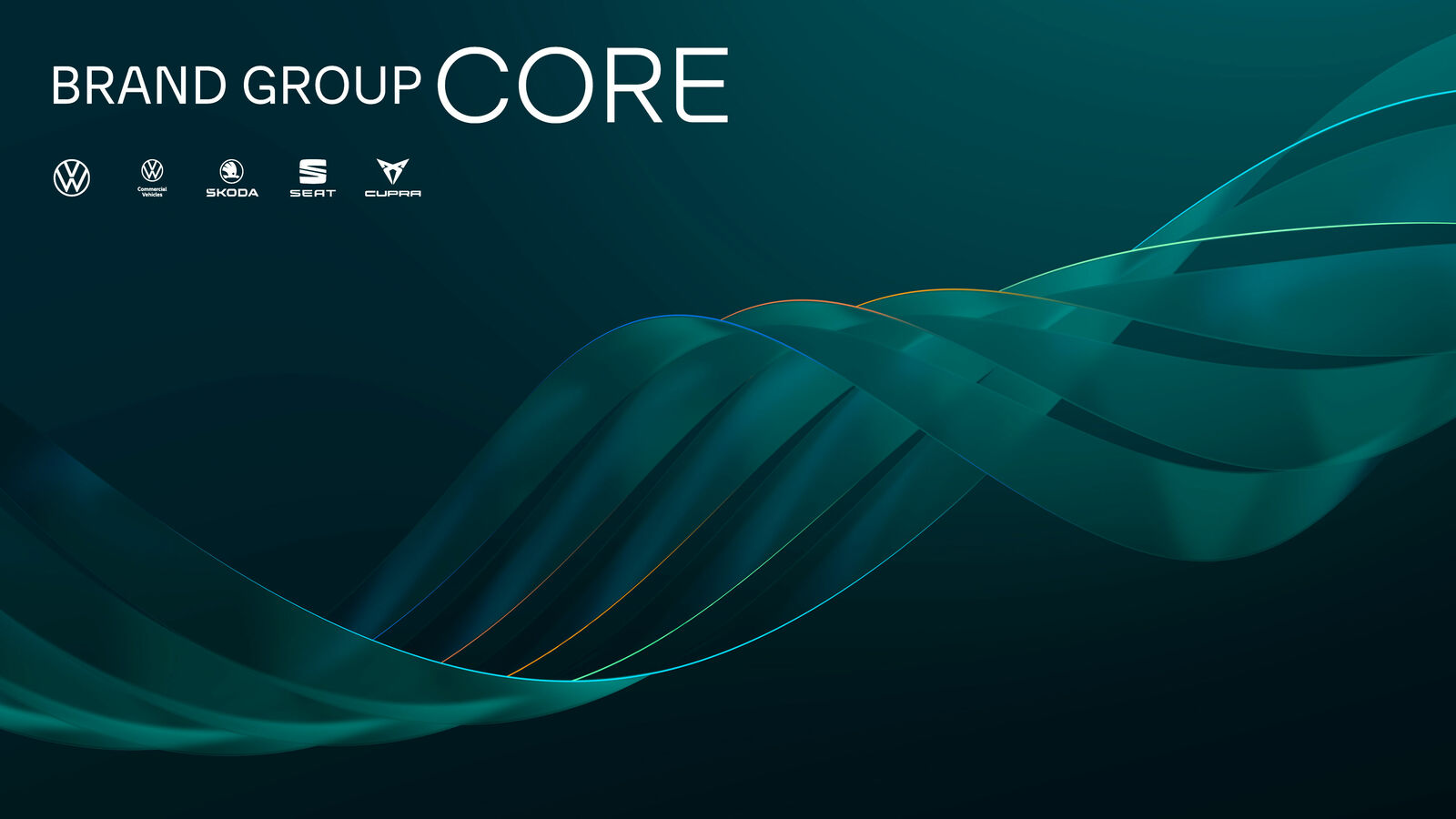 Graphic titled "BRAND GROUP CORE" featuring an abstract, wavy turquoise line on a dark blue background with logos of Volkswagen, Škoda, SEAT, and Cupra in the top left corner.