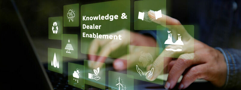 Digital display for dealer support and knowledge dissemination in environmental matters, visualized by green icons.
