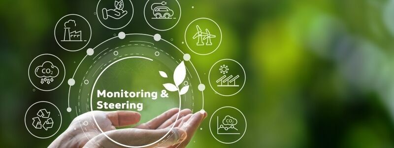Concept image for environmental monitoring and steering, depicted by a hand surrounding eco-related symbols.