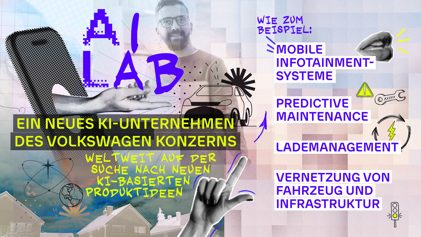 Ein farbenfrohes Plakat des Volkswagen Konzerns mit dem Titel "AI LAB", das verschiedene innovative Technologien wie mobile Infotainmentsysteme und Lademanagement hervorhebt.