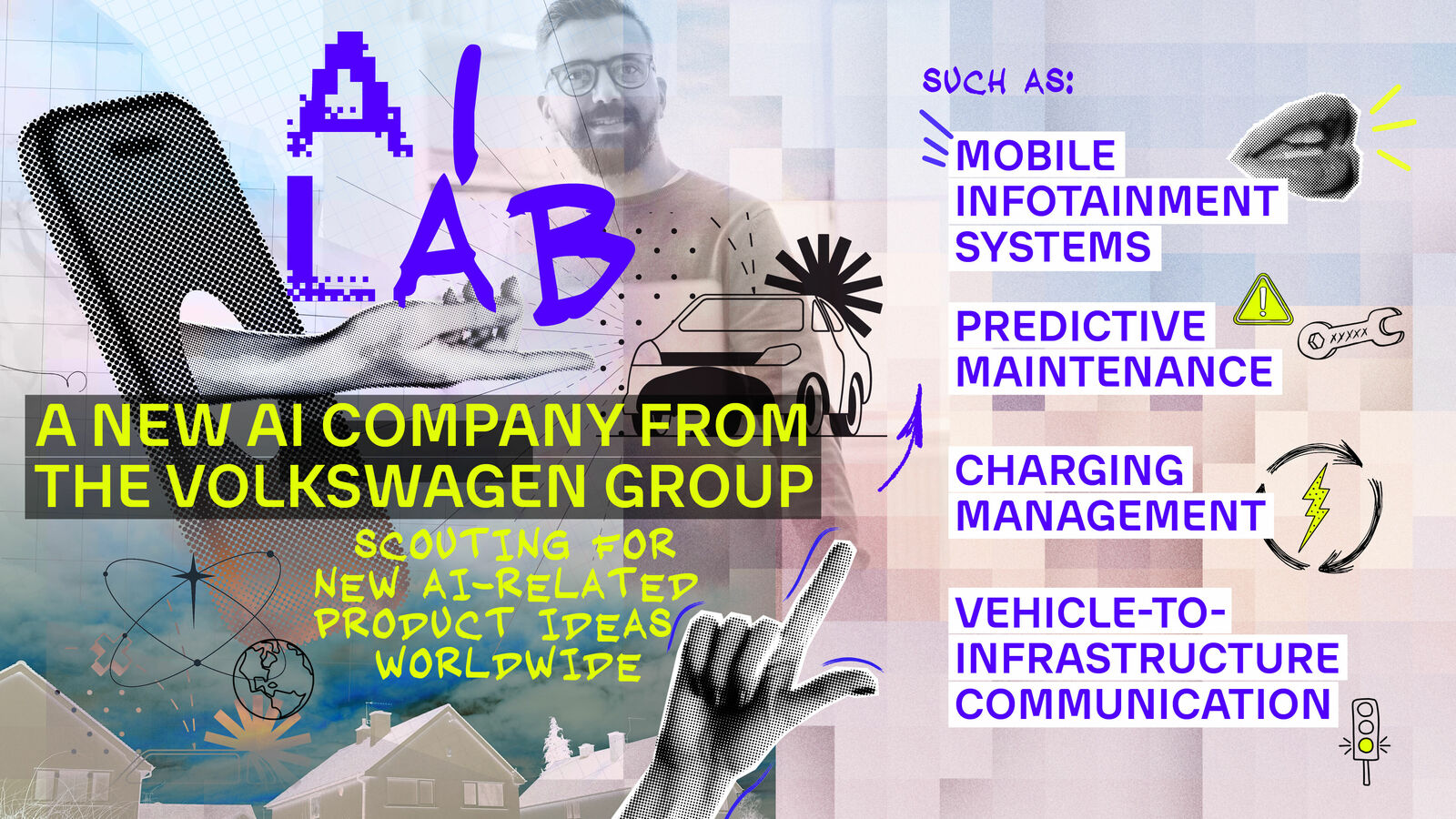 A colorful poster from Volkswagen Group titled "AI LAB", highlighting various innovative technologies such as mobile infotainment systems and charging management.