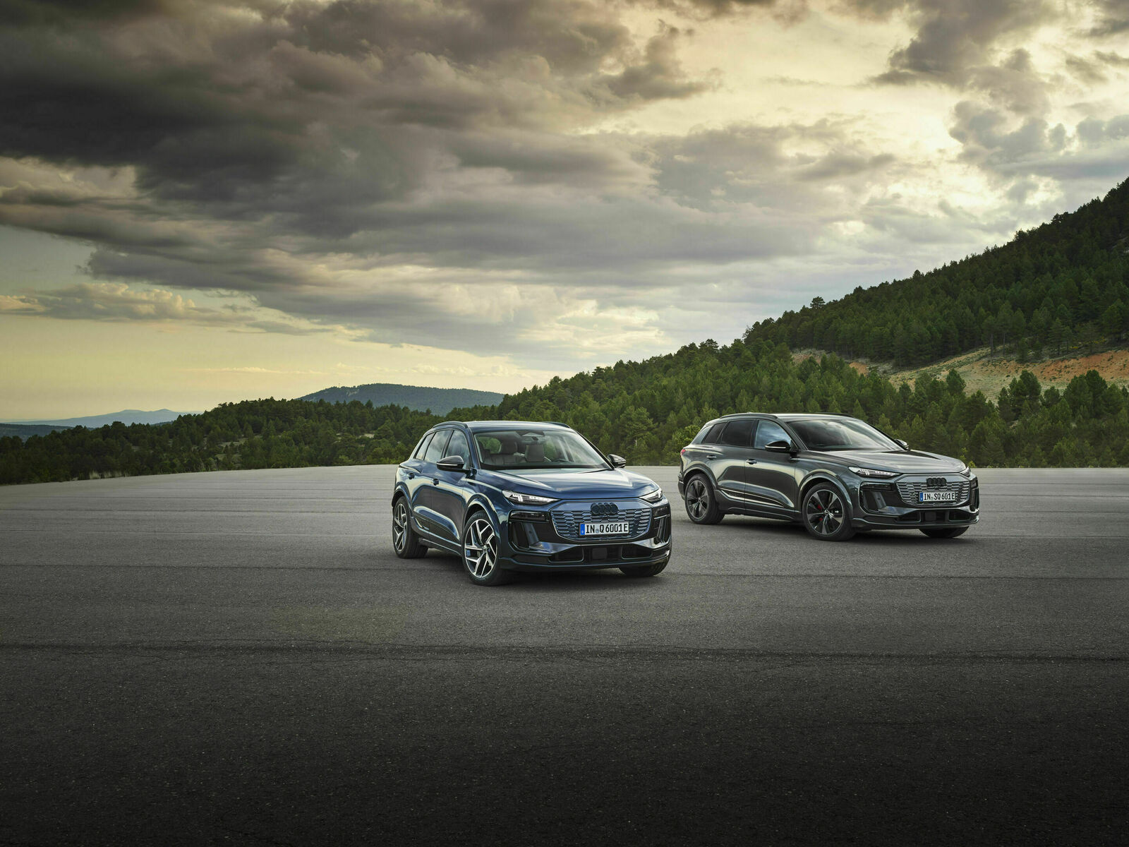 Two Audi vehicles, an SUV and a sedan, parked on an asphalt surface with a cloudy sky in the background.