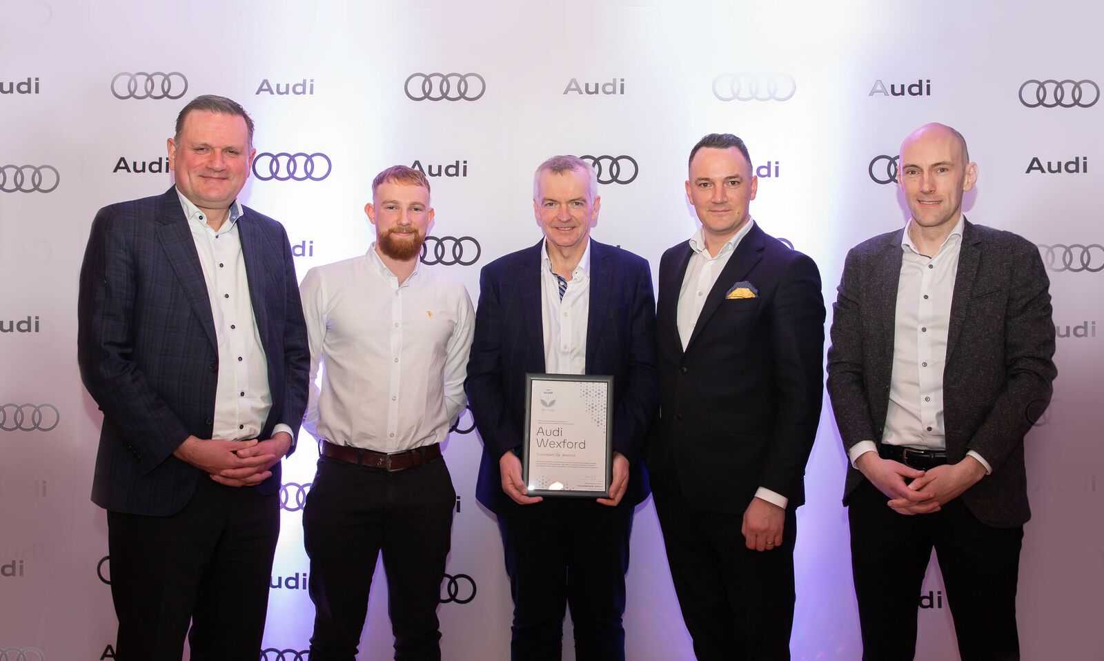goTOzero RETAIL Silver Certificate, from left: Robert Guy (Director Group Aftersales, Volkswagen Group Ireland), Joe Sinnott (Sustainability Champion, Audi Wexford), Diarmaid Boland (Dealer Principal, Audi Wexford), Damien O’Sullivan (Brand Director, Audi Ireland), Stephen Redmon (General Manager, Audi Wexford)