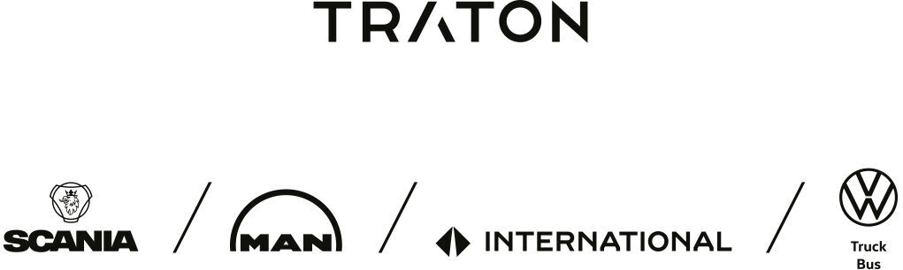 The logo of TRATON Group, a commercial vehicle manufacturer, is displayed in black text. Below the main logo, the logos of the brands Scania, MAN, International, and Volkswagen Truck & Bus are arranged in a row.