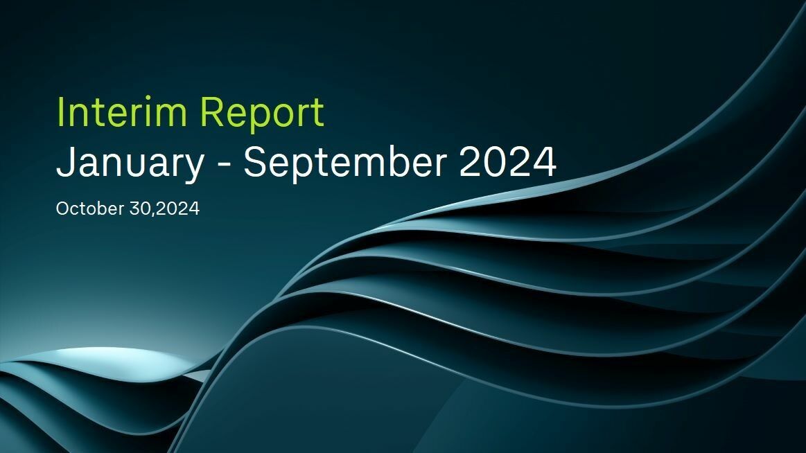 Presentation title slide "Interim Report January - September 2024" with an abstract, curved design.