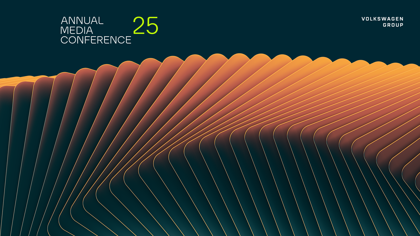 Graphic for the Volkswagen Group Annual Media Conference 25, featuring an abstract, wave-like structure in orange and dark tones. The background is dark blue, with the Volkswagen Group logo in the upper right corner.